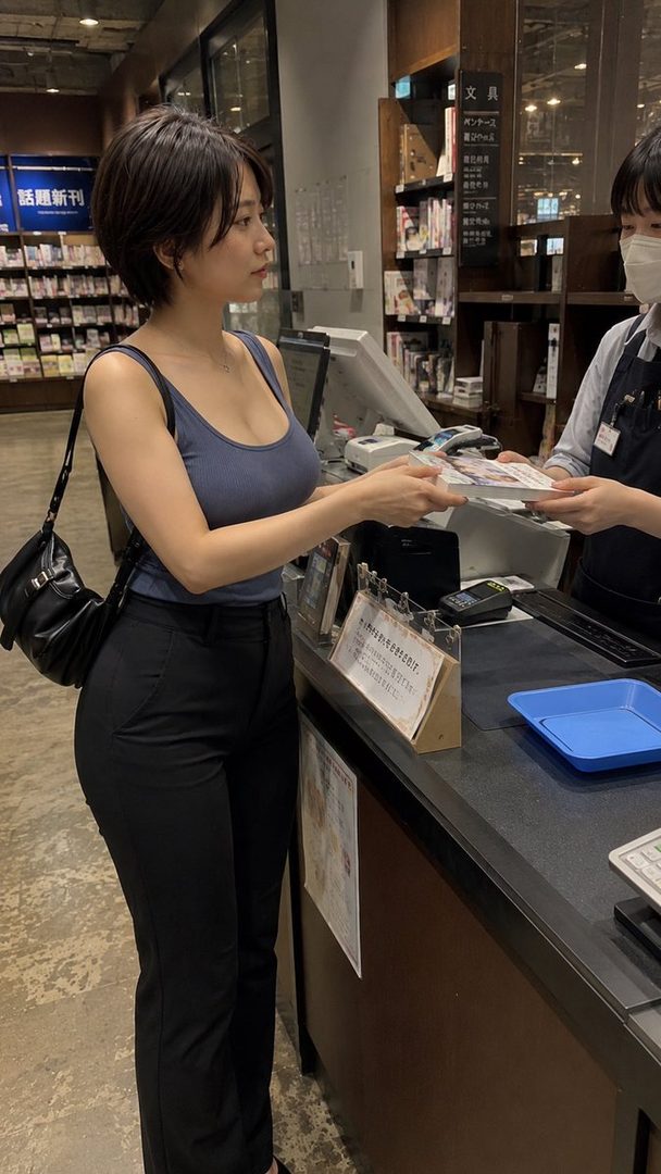 A young woman with short black hair, wearing a blue tank top and black pants, is handing a book to a cashier in a store.