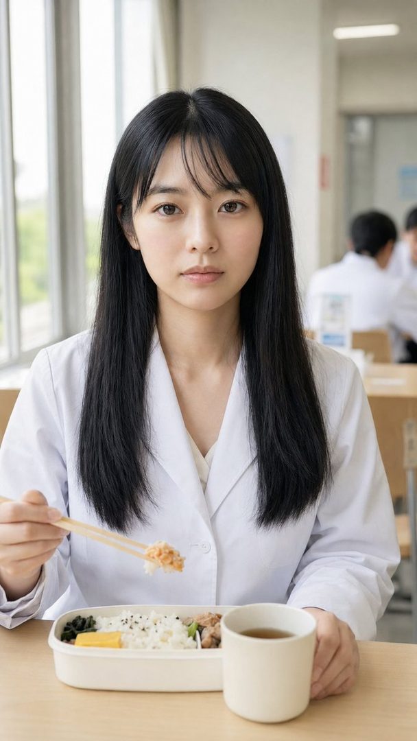 A young woman with long black hair and a white lab coat is eating lunch with chopsticks from a bento box in a bright cafeteria.