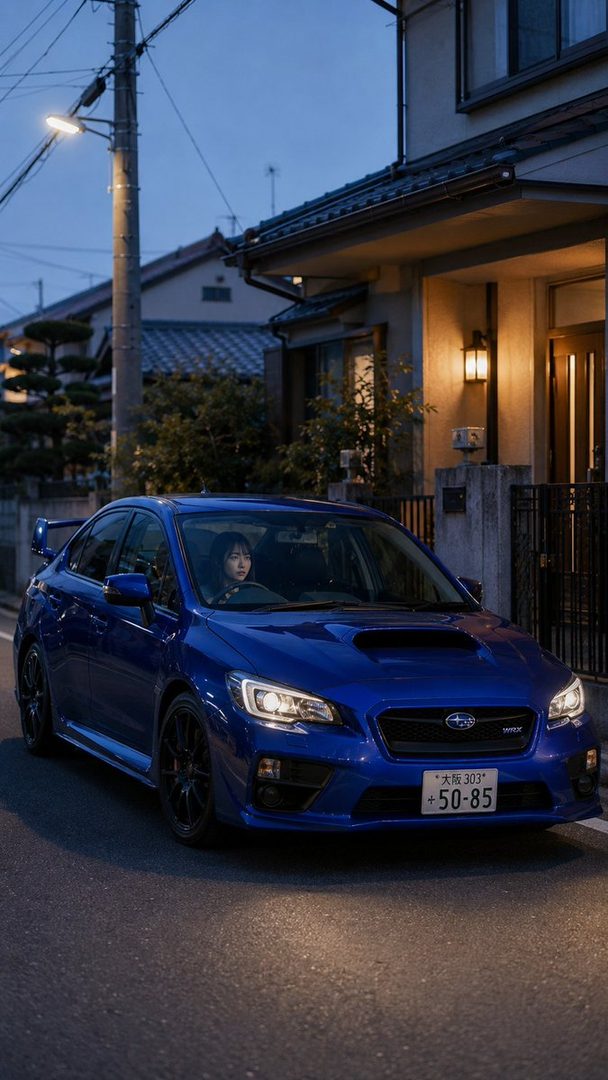 A woman with dark hair is sitting in a blue Subaru WRX on a residential street at dusk, with house lights and streetlights illuminating the scene.