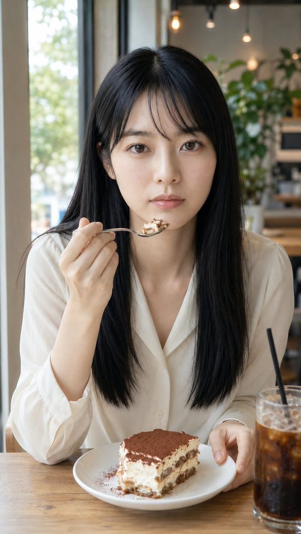 A young woman with long black hair and a white blouse is eating tiramisu and drinking iced coffee at a cafe.