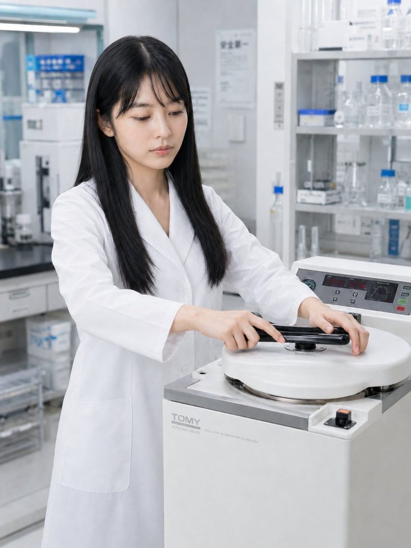 A young woman in a white lab coat is operating an autoclave in a brightly lit laboratory.
