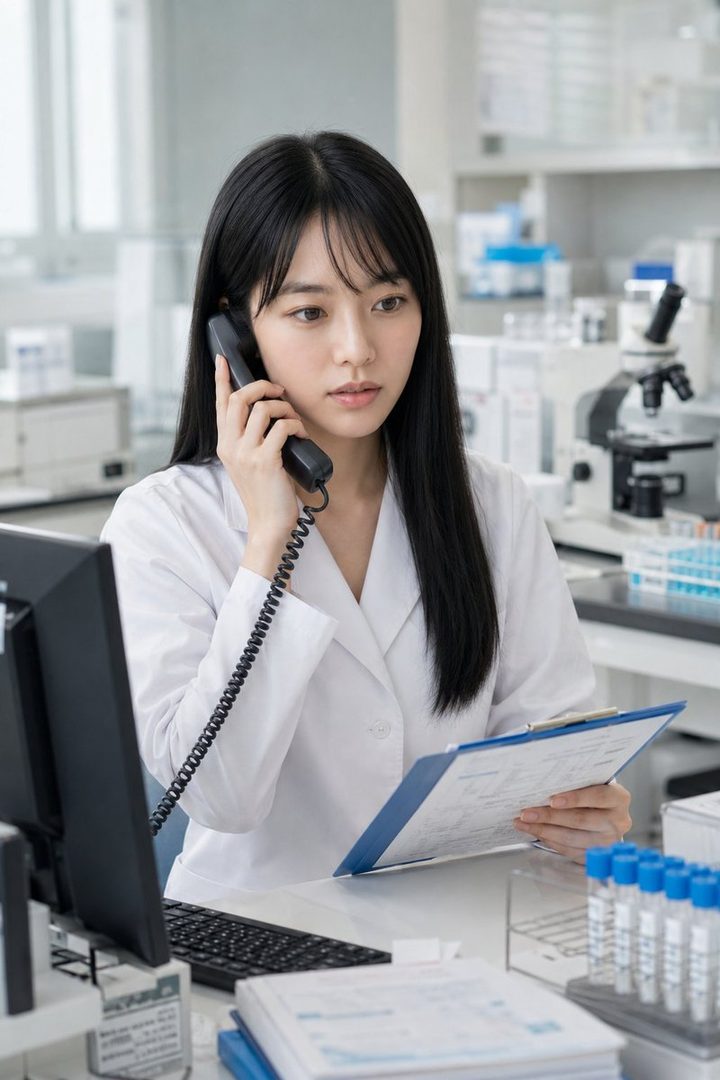 A focused young woman with long black hair, wearing a white lab coat, is on the phone while holding a clipboard in a bright laboratory setting.