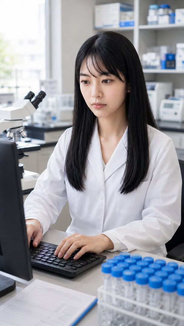 A focused young woman with long black hair, wearing a white lab coat, works on a computer in a bright laboratory setting with scientific equipment.