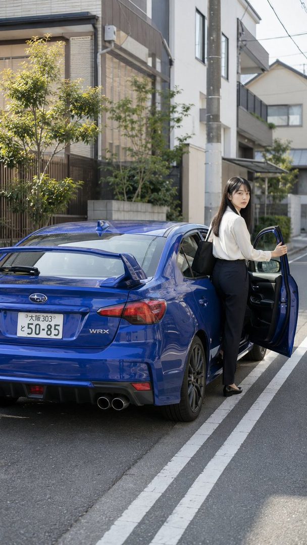 A young woman with long black hair, dressed in a white blouse and dark trousers, is getting into a blue Subaru WRX on a residential street in the morning.