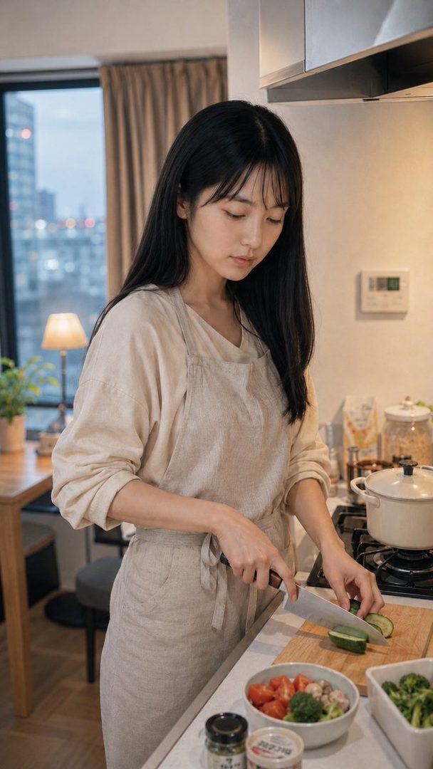 A young woman with long black hair and bangs, wearing a beige apron, is focused on chopping vegetables in a modern kitchen during the evening.