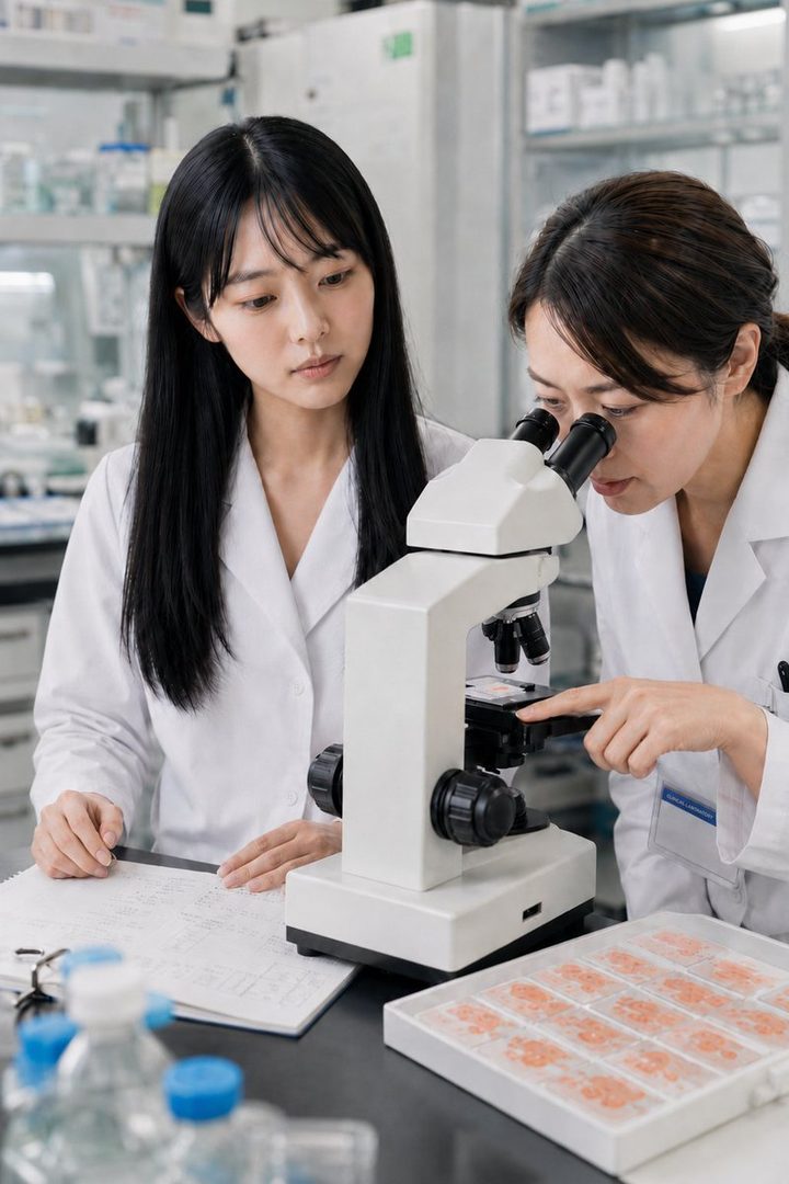 Two women in lab coats are working in a laboratory, with one looking into a microscope and the other observing.