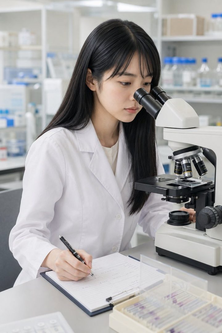 A young woman with long black hair, wearing a white lab coat, is looking into a microscope and taking notes in a bright laboratory.