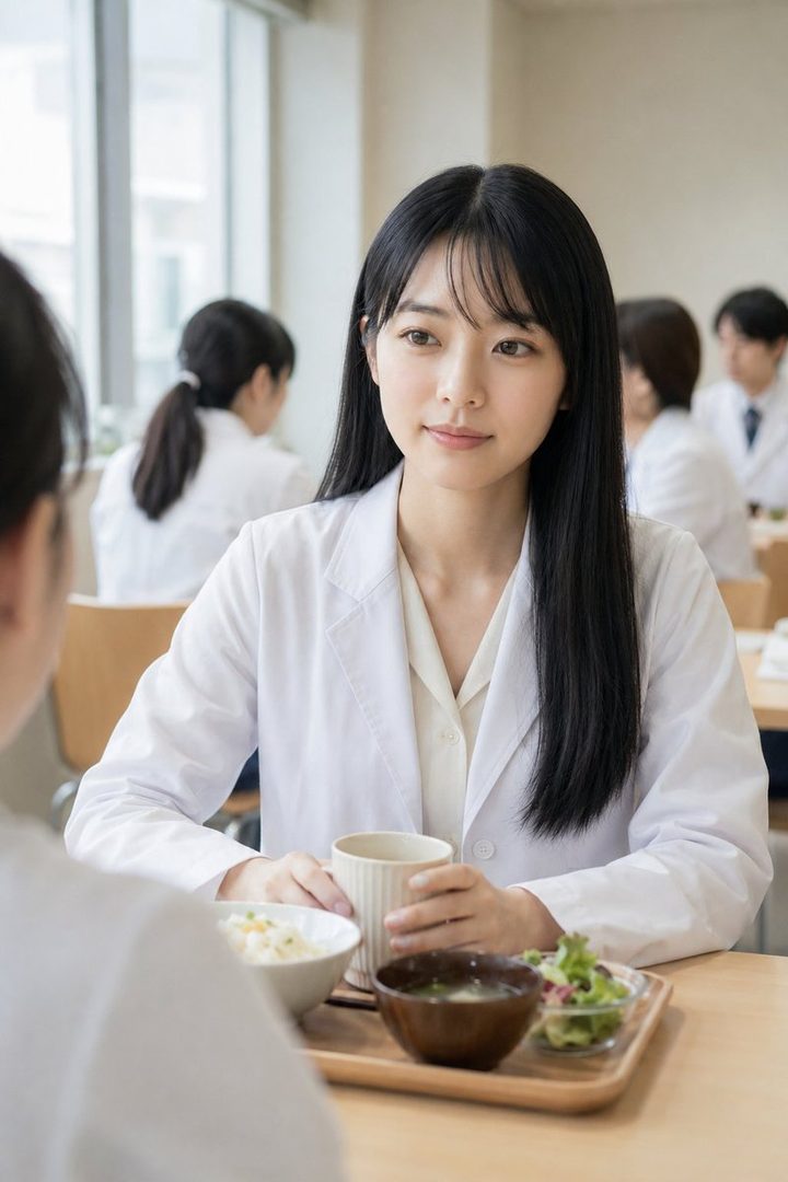 A young woman with long black hair and a white lab coat is having lunch in a bright cafeteria, holding a mug and looking towards another person.