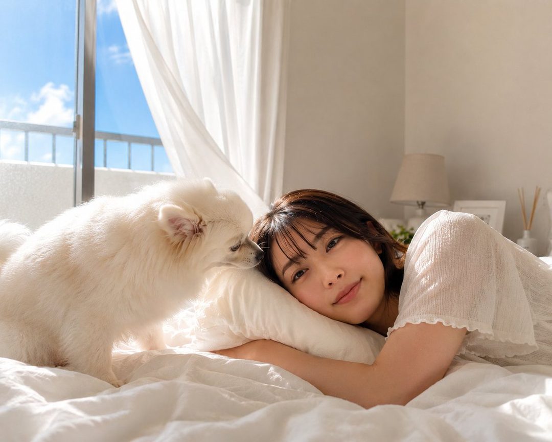 A young woman with bangs and a white top lies in bed with a fluffy white dog, looking at the camera with a gentle smile.