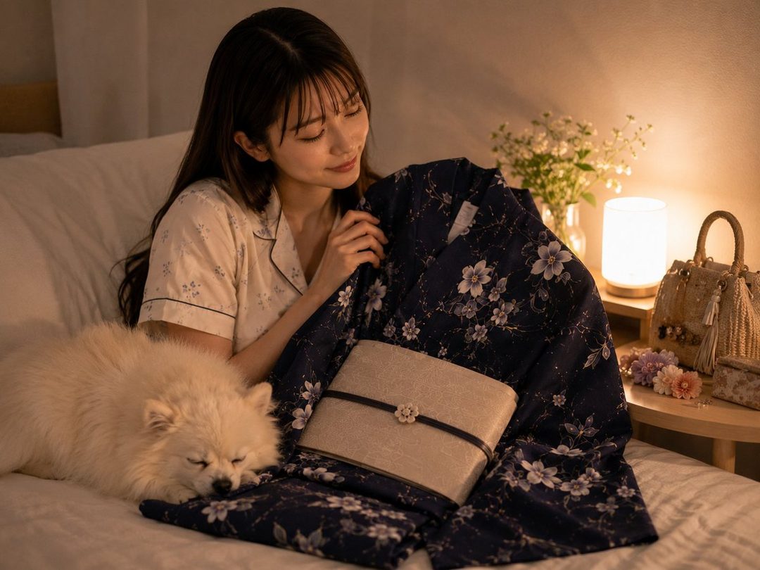 A young woman in pajamas sits on a bed with a Pomeranian dog sleeping beside her, holding a dark blue yukata with a floral pattern.