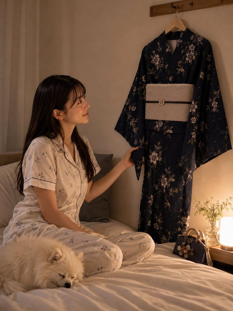 A young woman in pajamas sits on a bed next to a sleeping dog, looking at a hanging yukata.