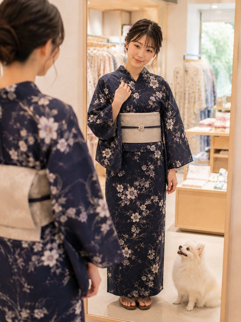 A young Japanese woman in a dark blue floral yukata stands in front of a mirror, looking at her reflection. A small white dog sits beside her.