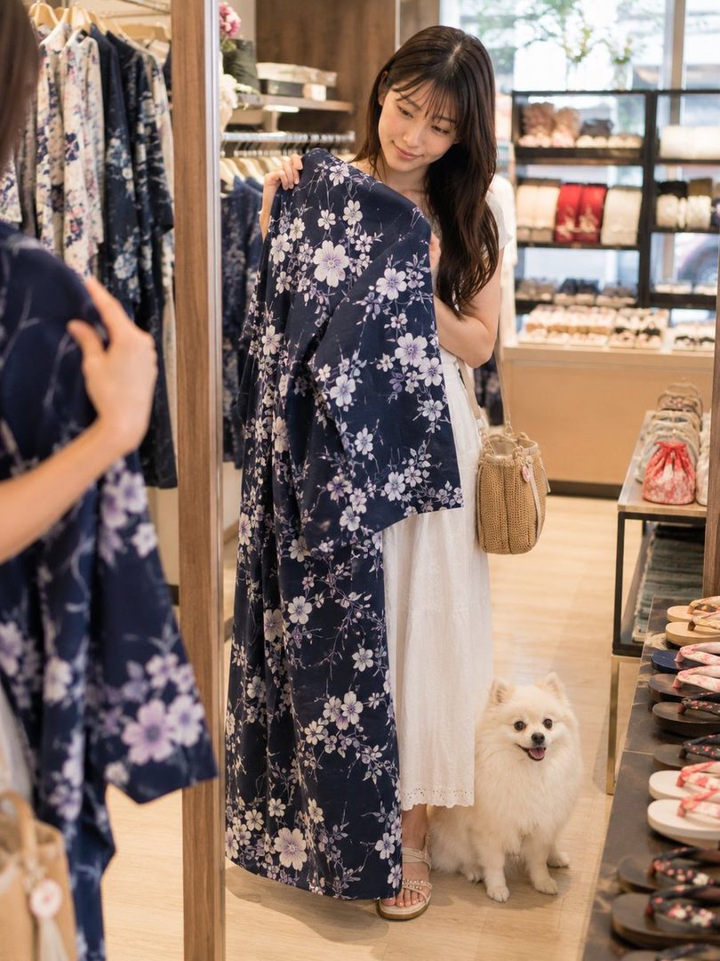A young woman in a white dress is shopping for a yukata in a store, holding up a navy blue floral yukata to examine it. A small white dog sits by her feet.