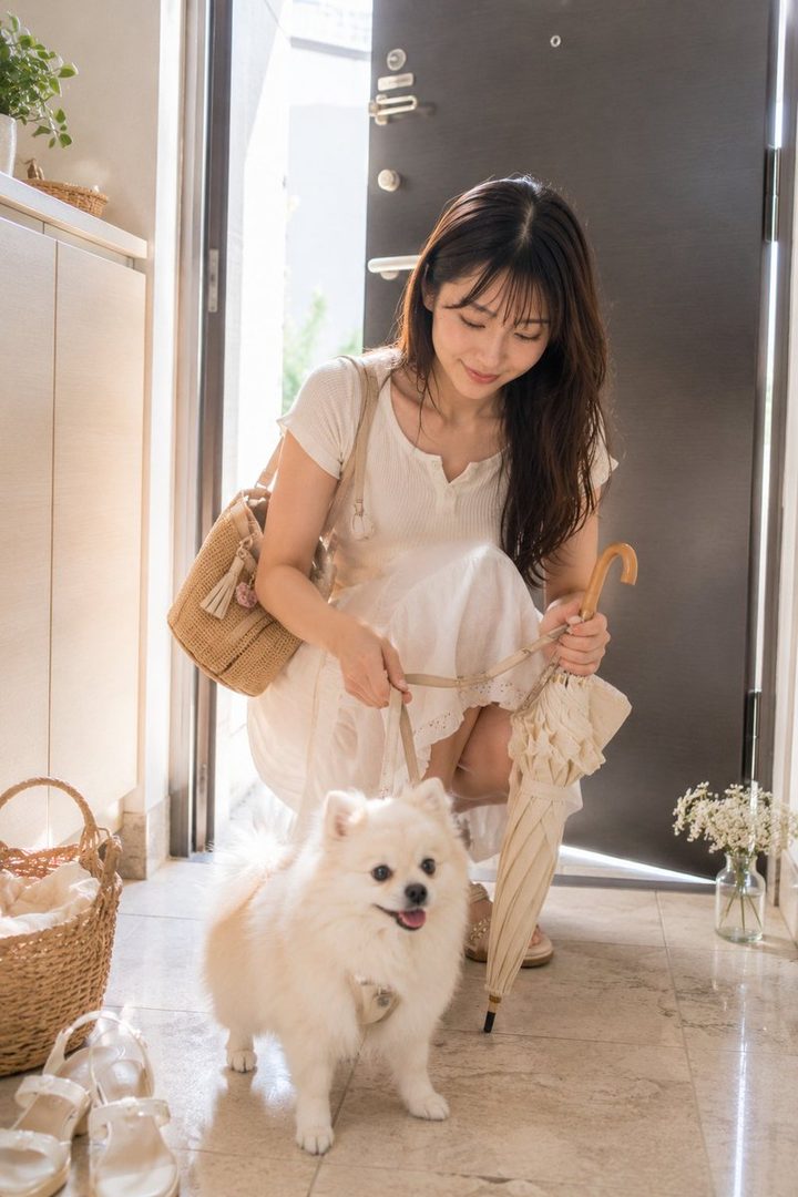 A young woman in a white dress kneels down to pet her fluffy white Pomeranian dog by the front door, holding a folded umbrella.
