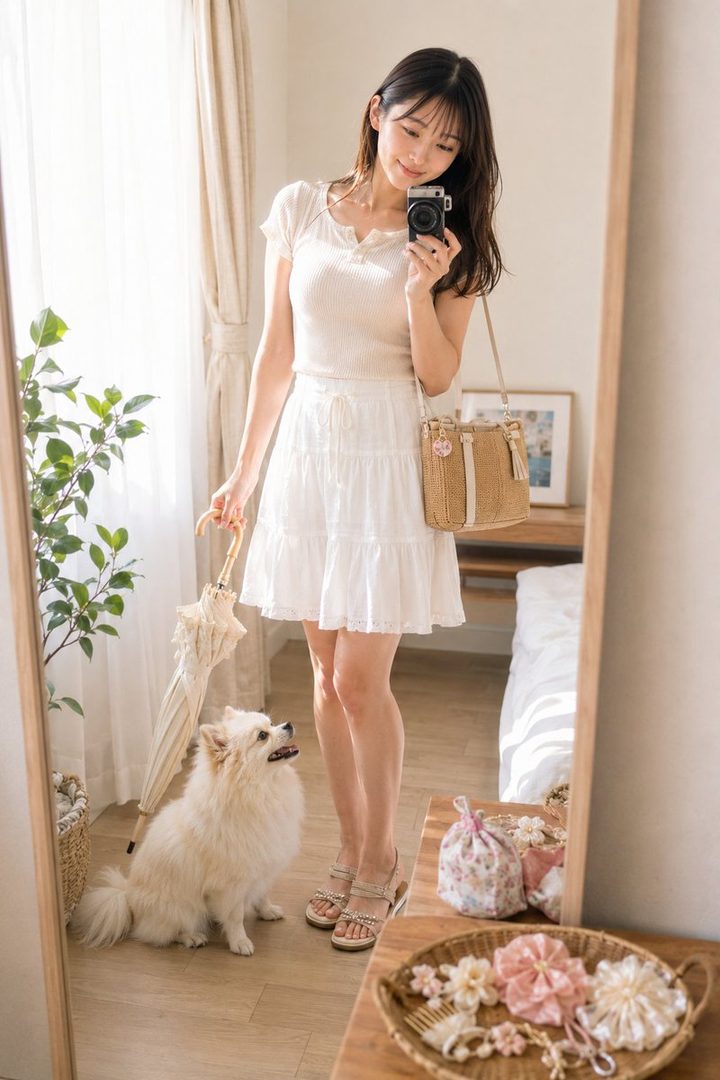 A young East Asian woman in a white dress takes a selfie in a mirror, holding a camera, with her dog beside her.