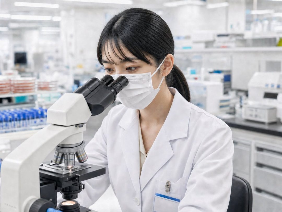 A focused young woman in a white lab coat and face mask looks into a microscope in a brightly lit laboratory.
