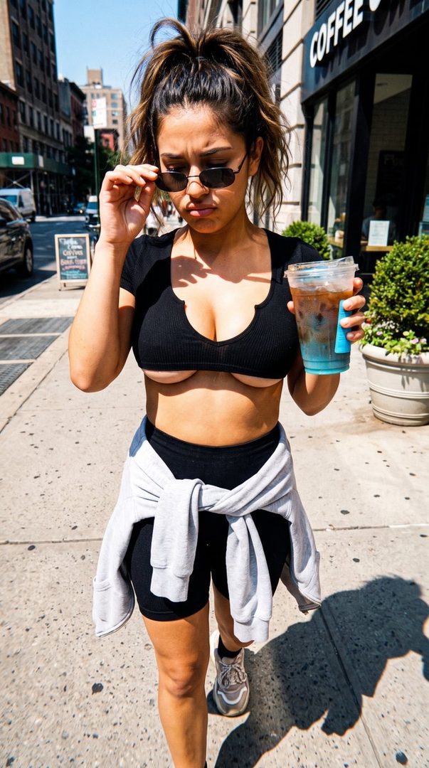 A woman in a revealing black crop top and shorts walks down a sunny city street, adjusting her sunglasses and holding an iced coffee.