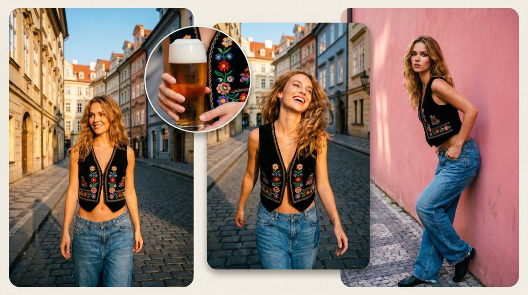 A young woman with long blonde hair, wearing a black embroidered vest and blue jeans, poses on a cobblestone street in Prague.