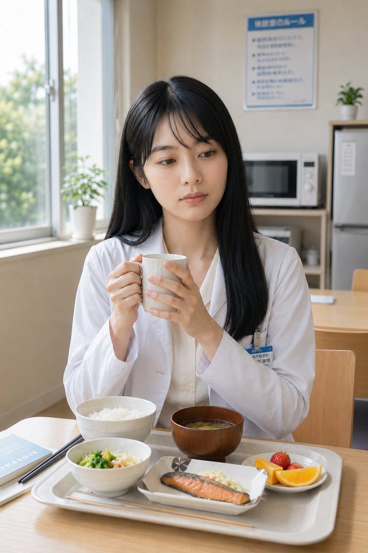 A young woman with long black hair, wearing a white lab coat, sits at a table in a bright room, holding a mug and looking thoughtfully at a Japanese meal set before her.