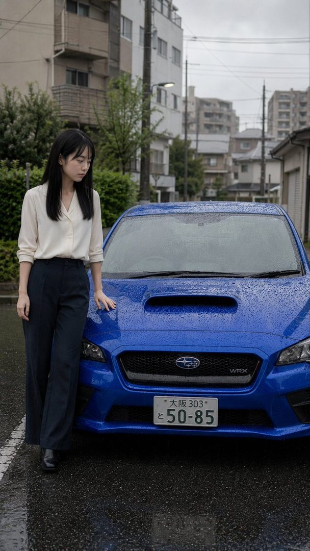 A young woman with long black hair stands next to a blue Subaru WRX on a rainy urban street, looking down thoughtfully.