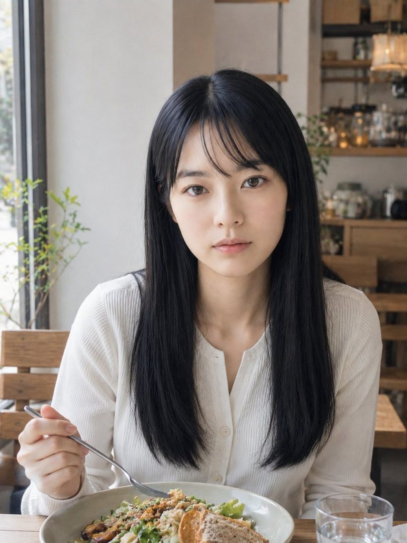 A young woman with long black hair and a white cardigan is eating a salad at a cafe, looking directly at the camera.
