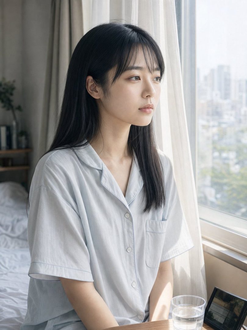 A young woman with long black hair and light blue pajamas looks out a window in the morning light.