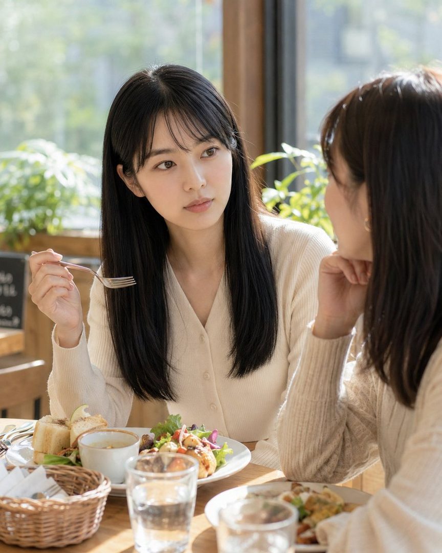 A young woman with long black hair and bangs, wearing a cream cardigan, is having lunch with a friend at a cafe, looking attentively at her companion.