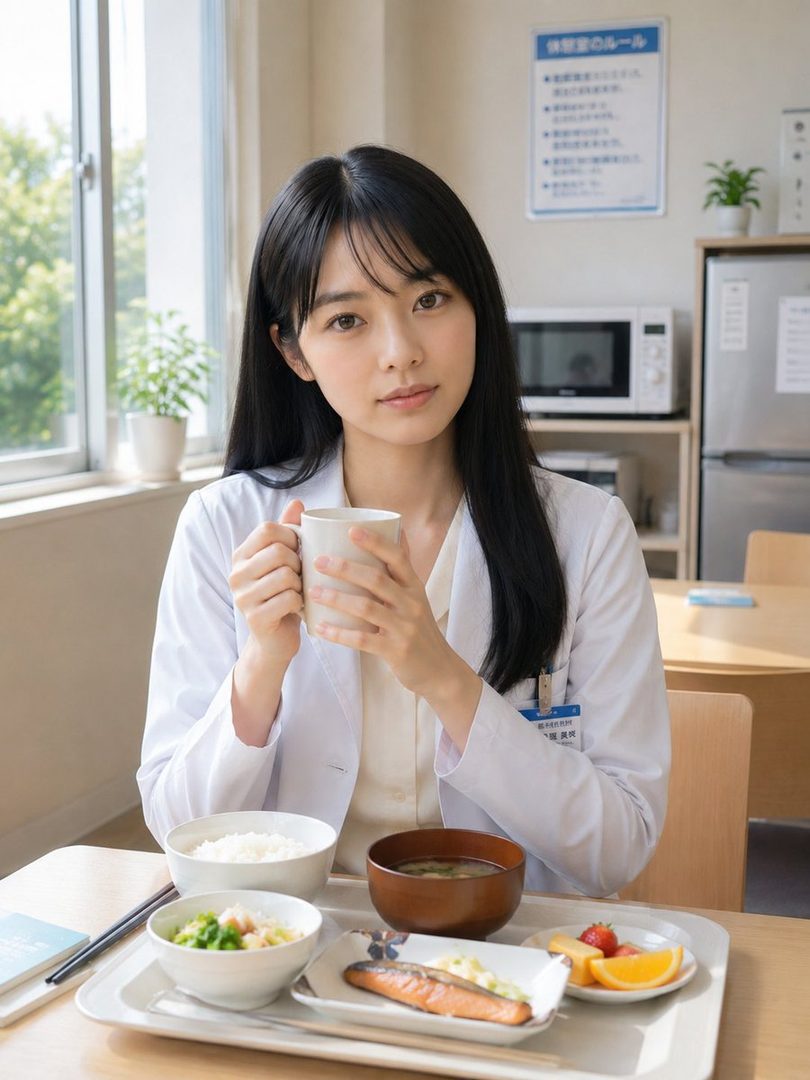 A young woman with long black hair, wearing a white lab coat, holds a mug while sitting at a table with a Japanese meal in a bright breakroom.