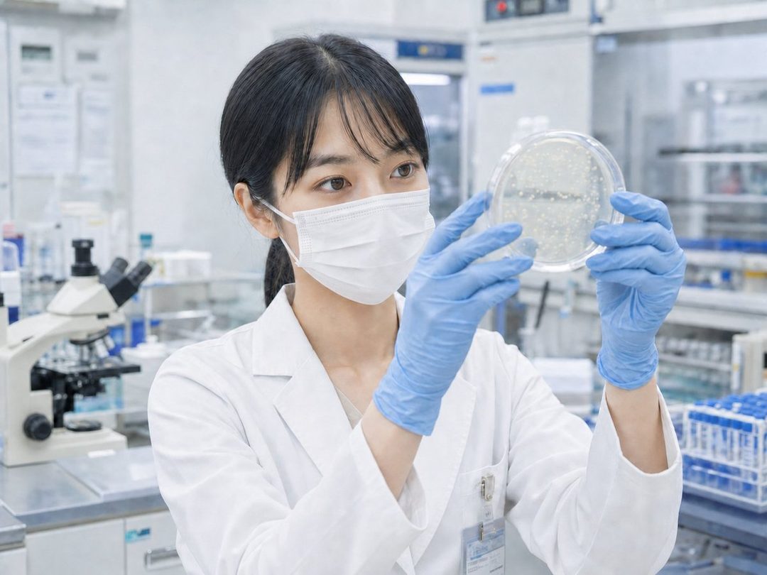 A focused young woman in a lab coat, face mask, and blue gloves examines a petri dish in a brightly lit laboratory.