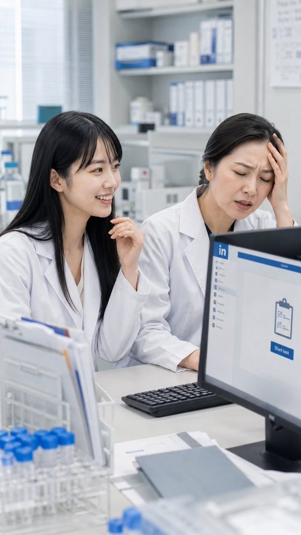 Two women in lab coats are in a laboratory setting, one smiling and looking at the other who appears stressed while looking at a computer screen.