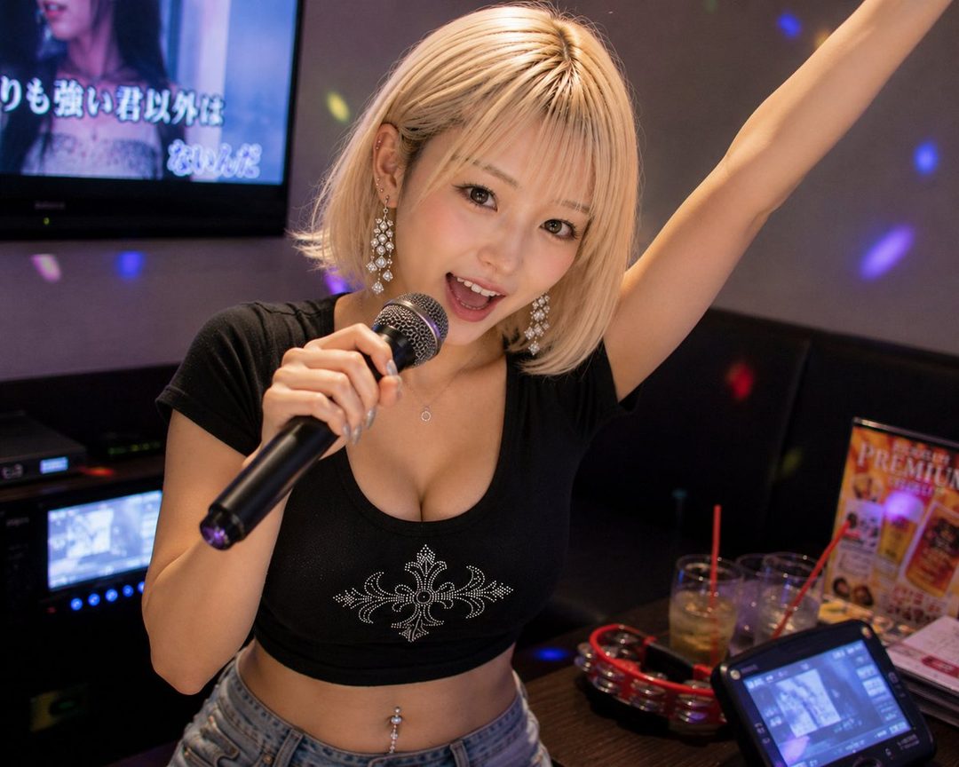 A young woman with blonde hair sings into a microphone at a karaoke bar, wearing a black crop top and denim shorts.