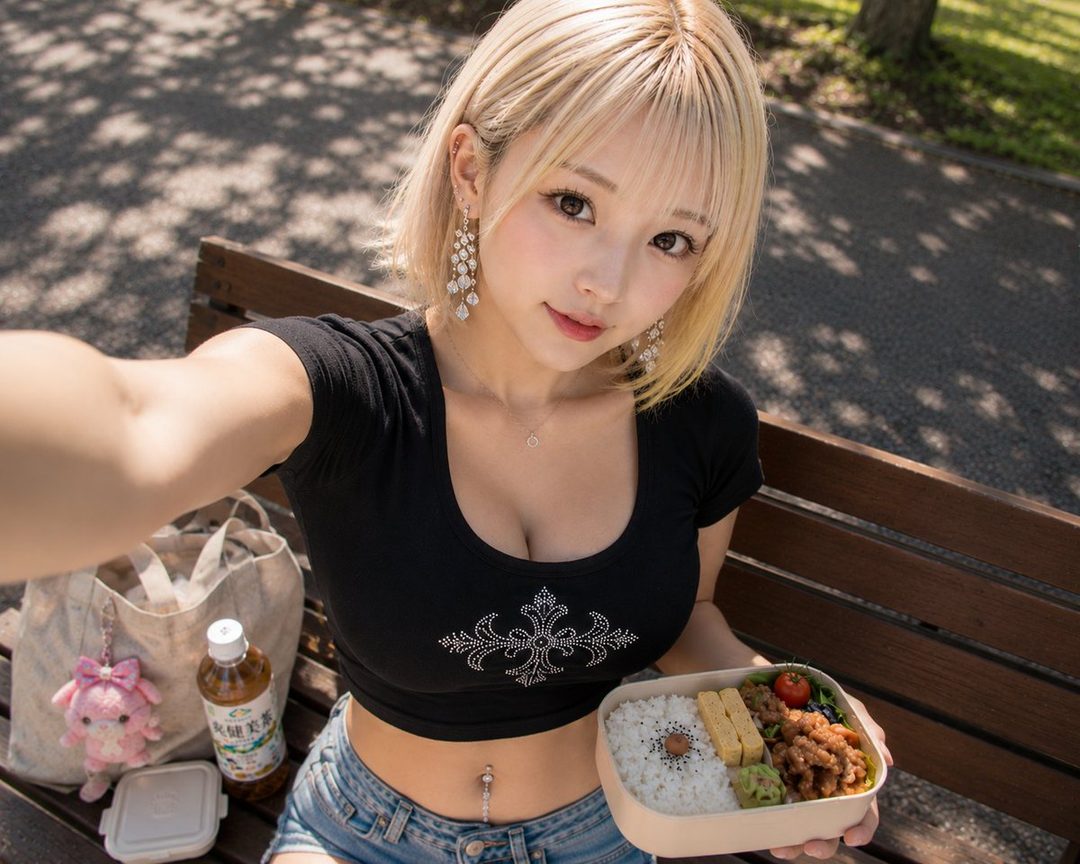 A young Japanese woman with blonde hair takes a selfie while holding a bento box and sitting on a park bench.