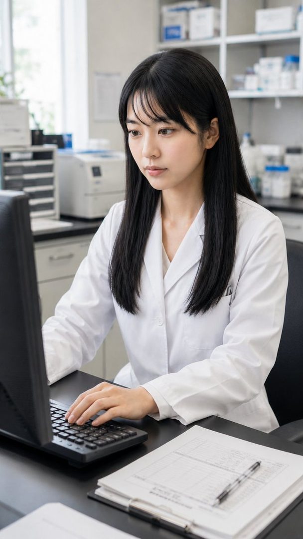 A young woman with long black hair, wearing a white lab coat, is focused on typing on a computer keyboard in a laboratory setting.