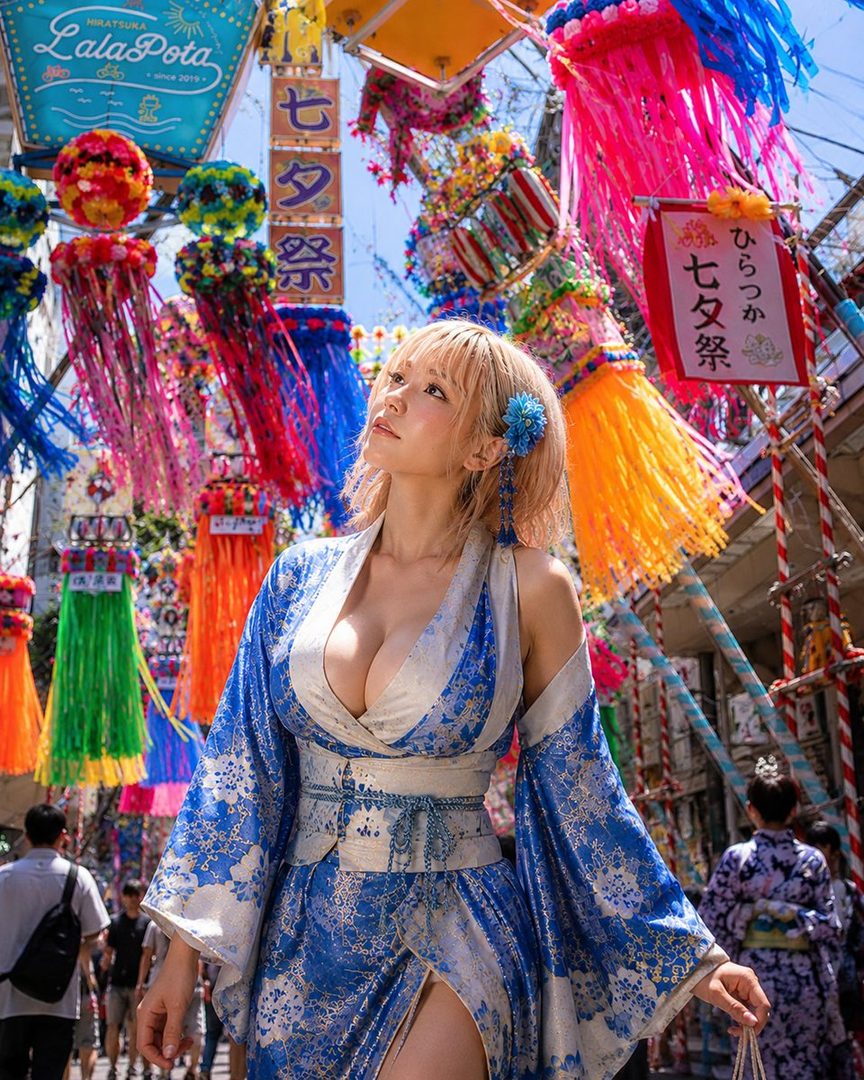 A woman in a blue and white floral kimono poses outdoors at a Japanese Tanabata festival, with colorful streamers and decorations in the background.