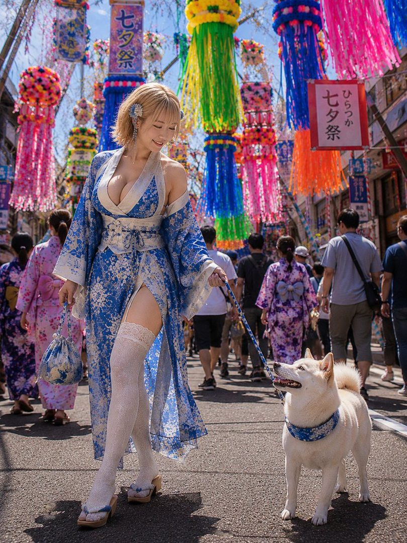 A woman in a blue and white floral kimono-style outfit walks a Shiba Inu dog down a street decorated with colorful Tanabata festival streamers.