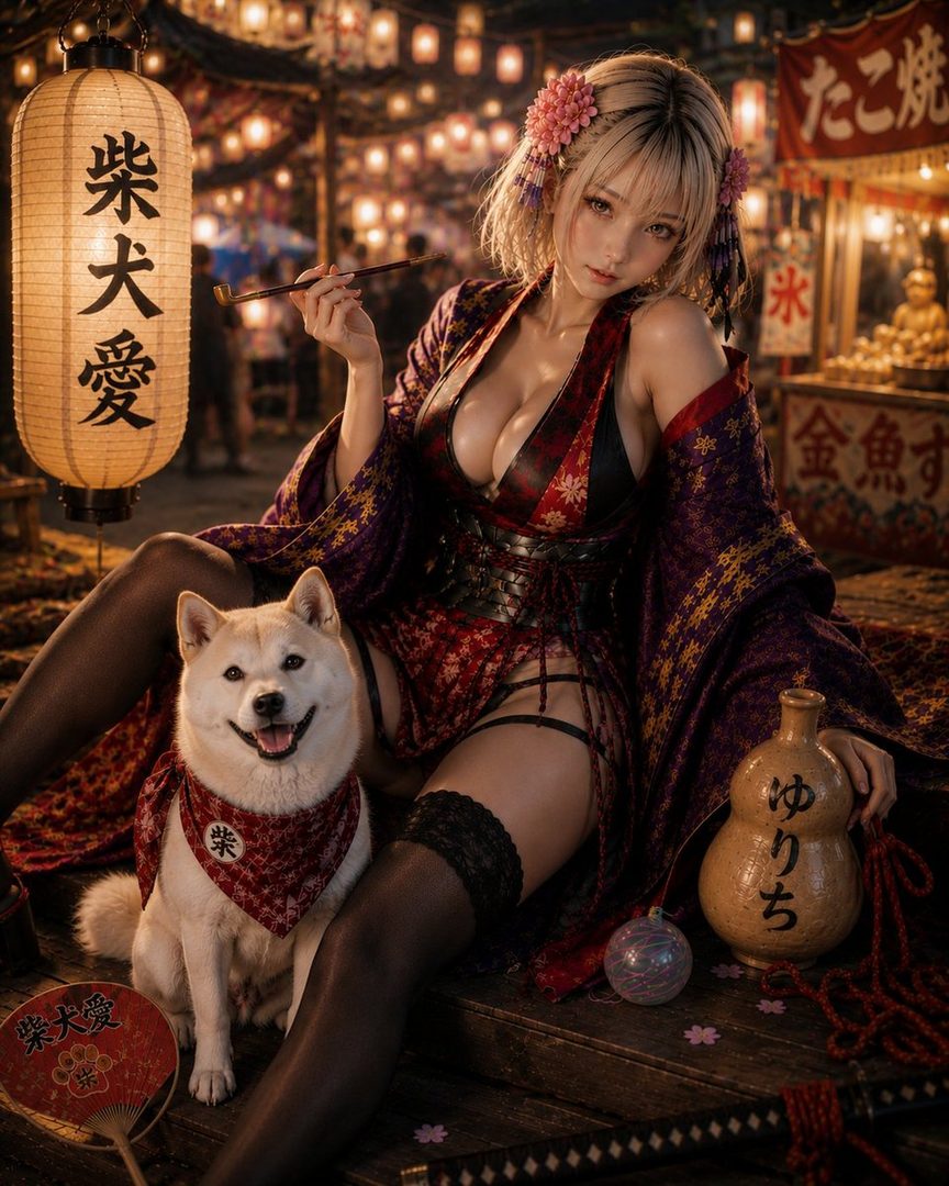A beautiful woman in a revealing kimono poses with a Shiba Inu dog in a Japanese night market setting.