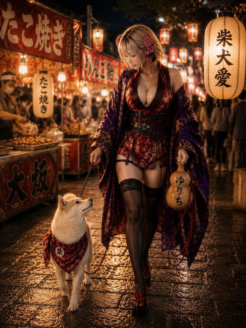 A woman in a traditional Japanese outfit walks a Shiba Inu dog at night through a street market with lanterns.
