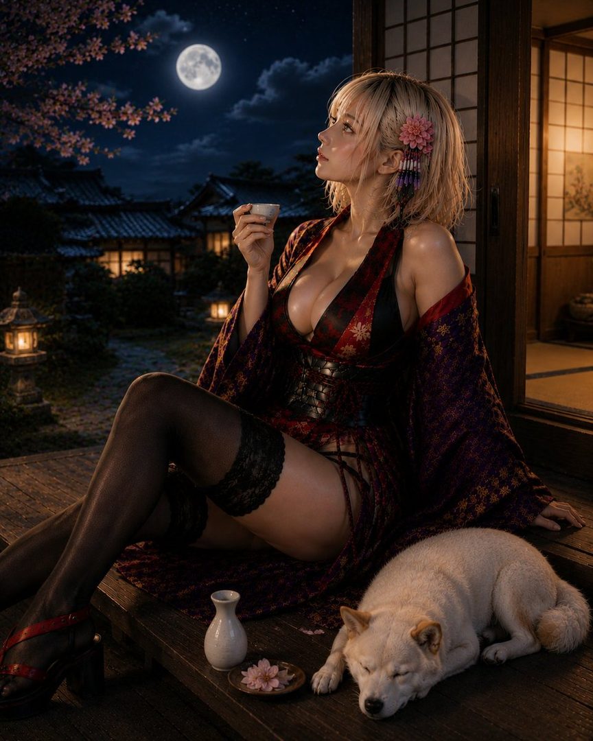 A blonde woman in a kimono and stockings sits on a wooden porch at night, holding a teacup, with a full moon in the sky and a sleeping dog beside her.