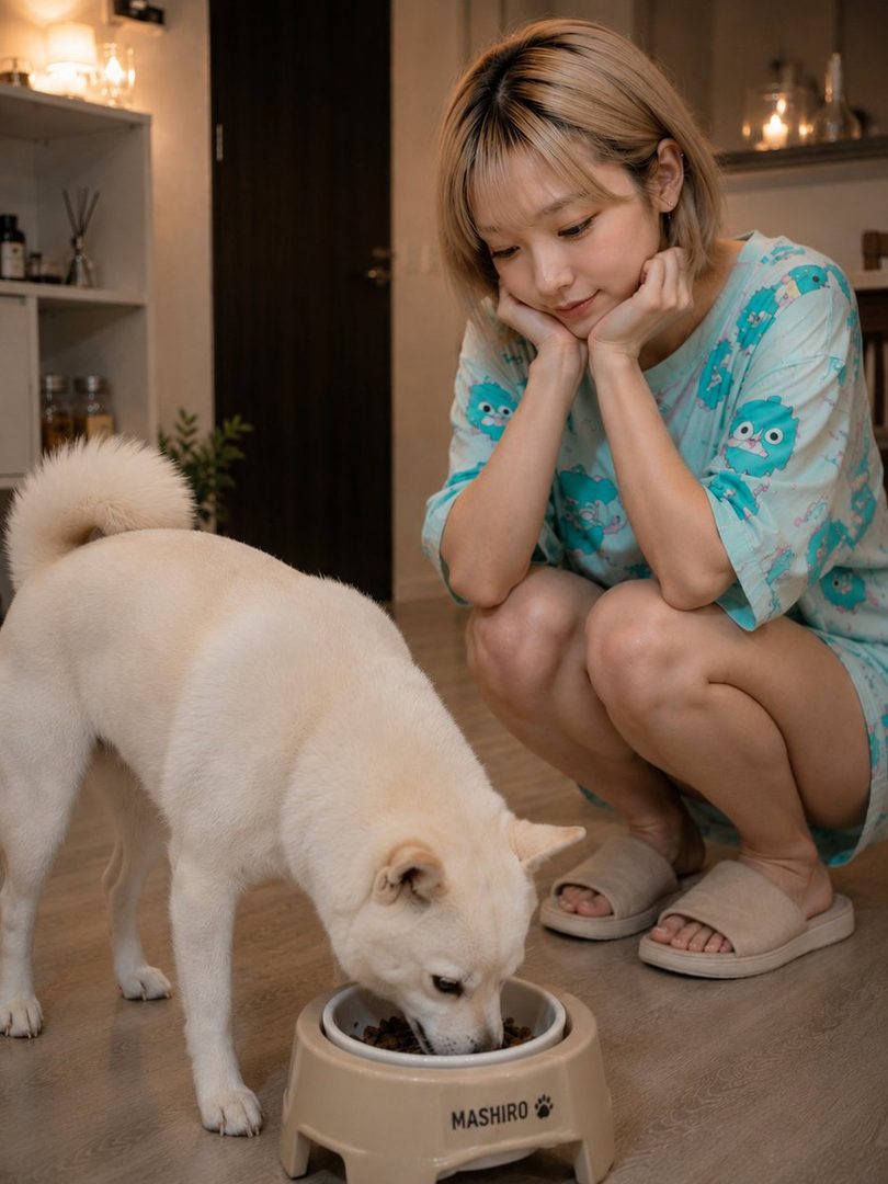 A young woman with short blonde hair is squatting down, looking affectionately at her white dog eating from a bowl in a cozy indoor setting.