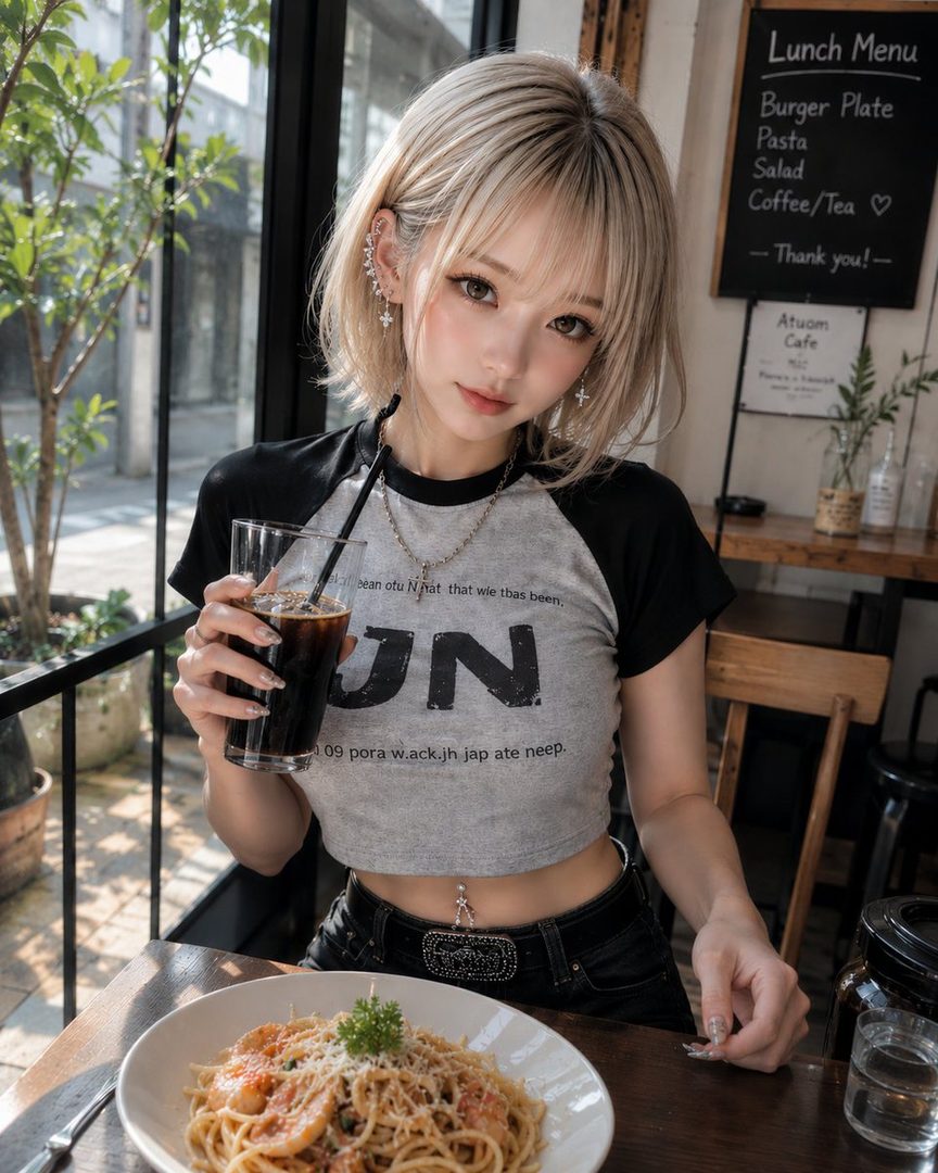 A young woman with short blonde hair and bangs, wearing a grey and black raglan t-shirt and black pants, sits at a cafe table with a plate of pasta and a drink.