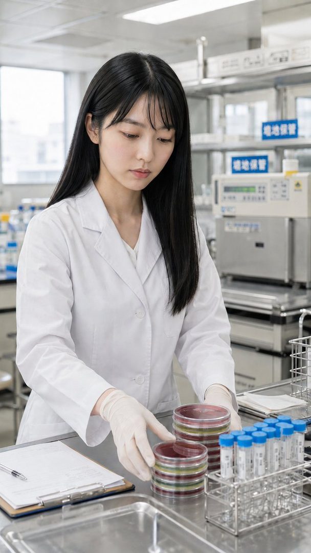 A young woman with long black hair and bangs, wearing a white lab coat and gloves, is focused on handling petri dishes in a brightly lit laboratory.