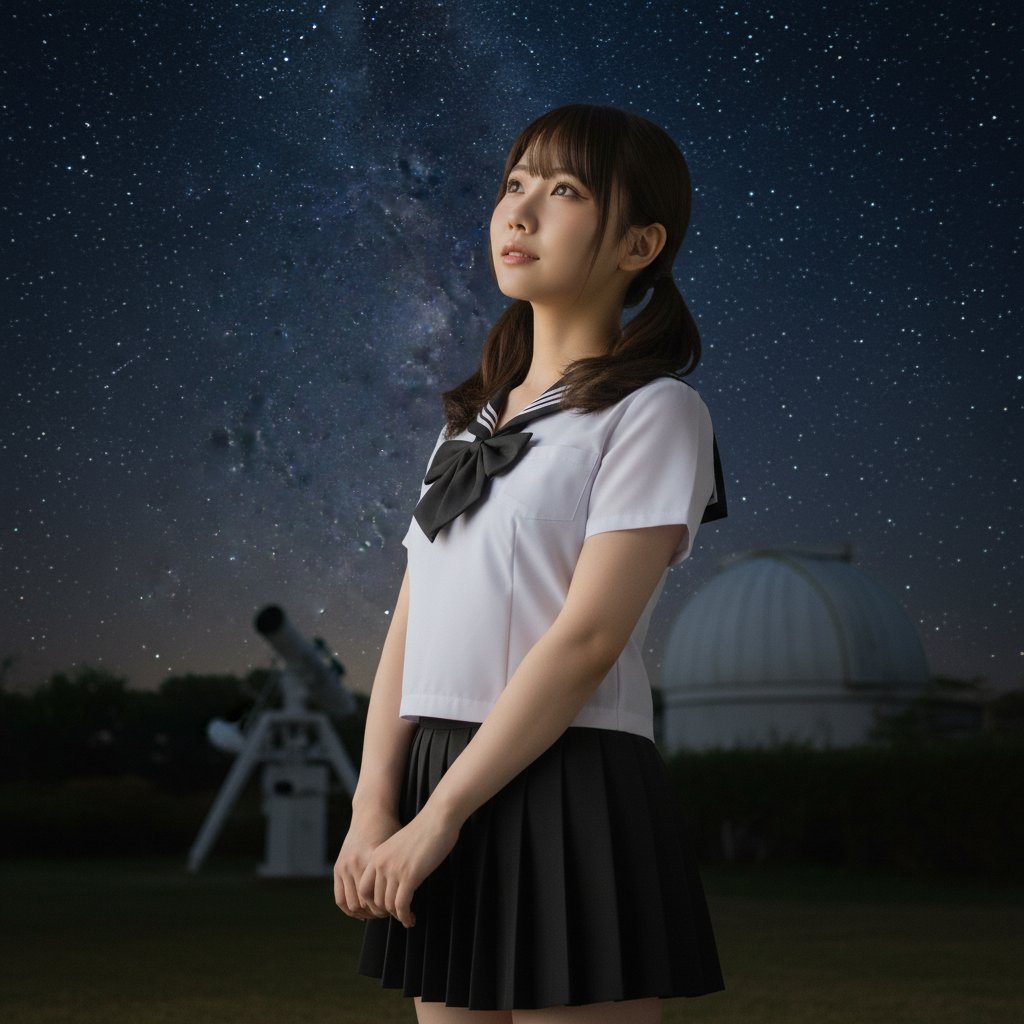 A young woman in a Japanese school uniform stands under a starry night sky with the Milky Way visible, looking up thoughtfully. An observatory dome and telescope are visible in the background.