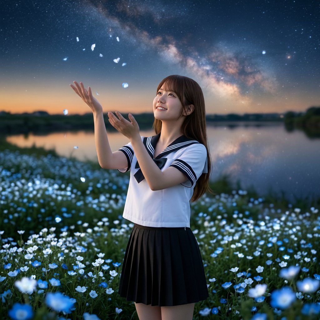 A young woman in a sailor uniform stands in a field of blue flowers under a starry night sky with the Milky Way visible.