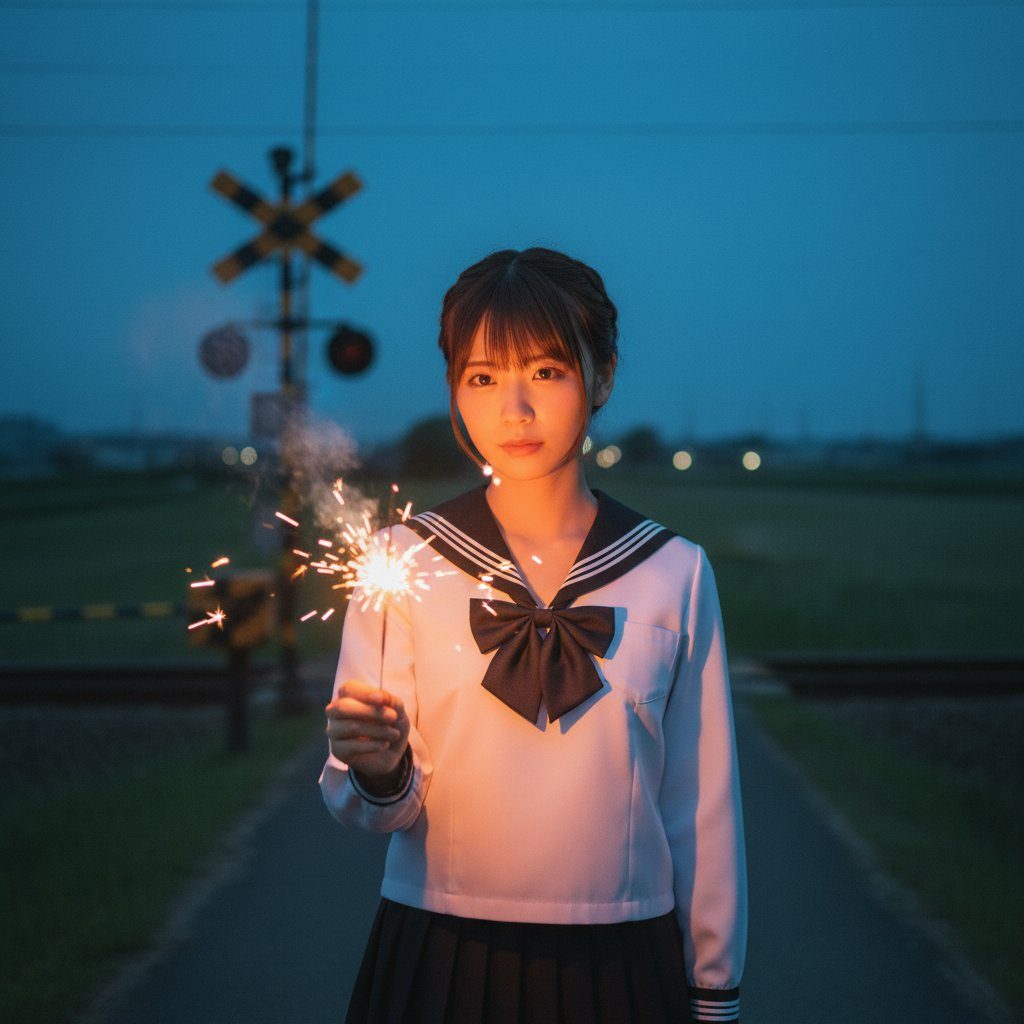 A young woman in a Japanese school uniform holds a sparkler at dusk near a railroad crossing.
