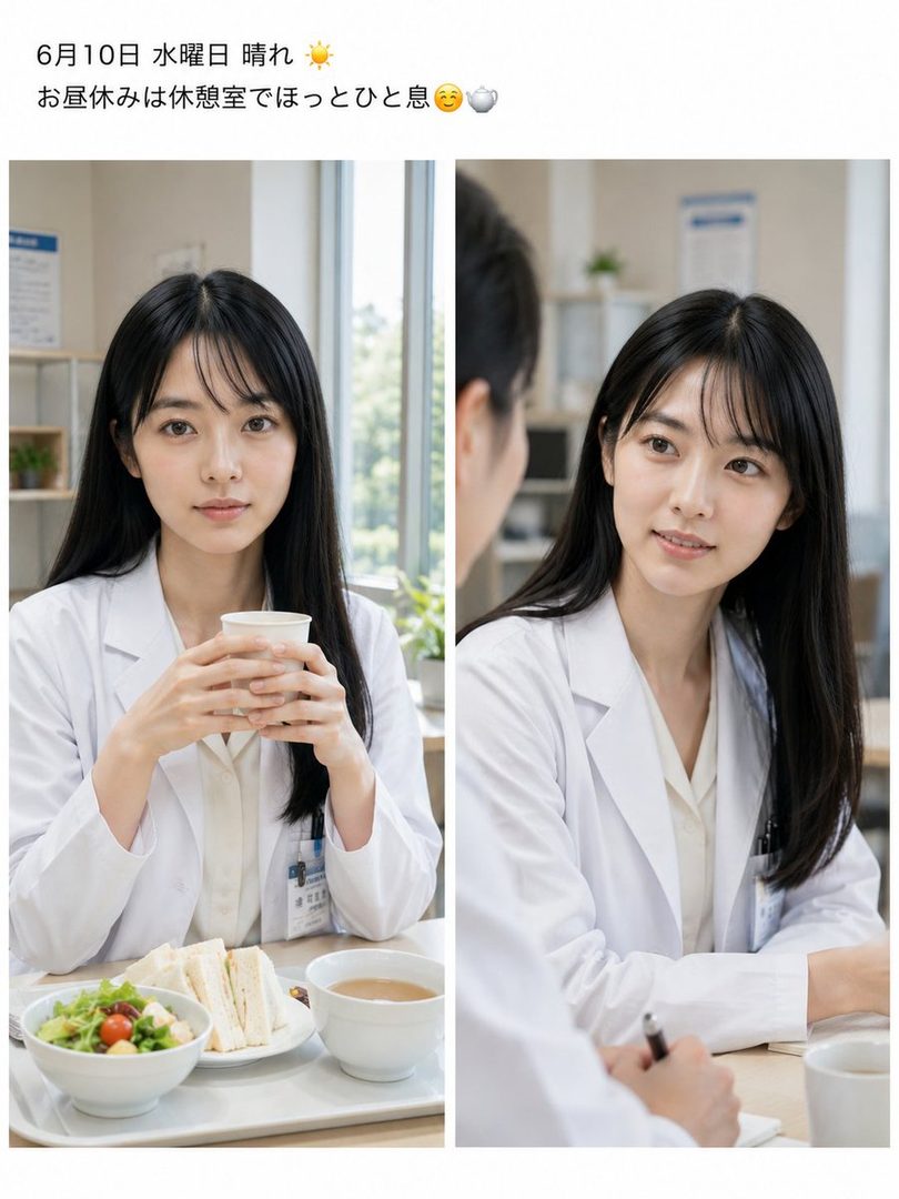 A young woman with long black hair, wearing a white lab coat, is shown in two frames. In one, she holds a cup and sits at a table with a meal, looking at the camera. In the other, she is looking at another person, smiling gently.