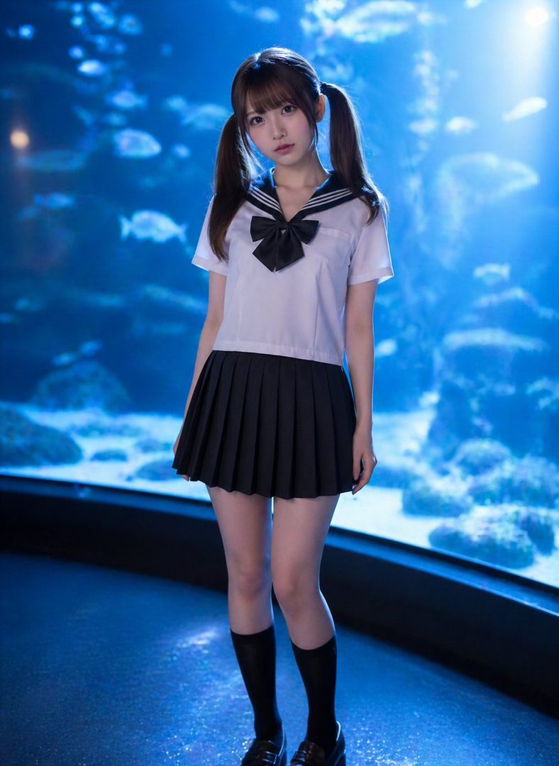 A young woman with brown hair in twintails, wearing a Japanese school uniform, poses in front of an aquarium.