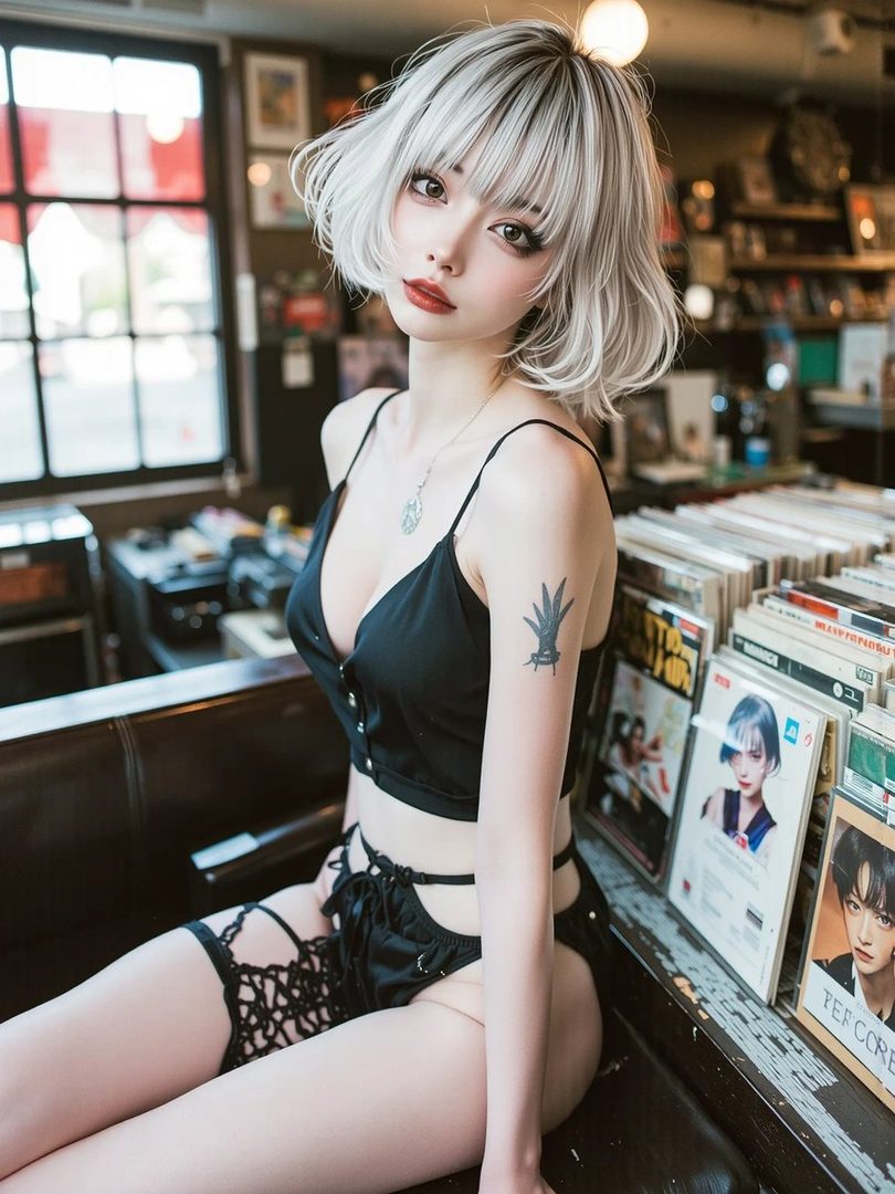 A young woman with short, white hair and striking makeup poses in a black, revealing outfit, sitting indoors with shelves of magazines behind her.