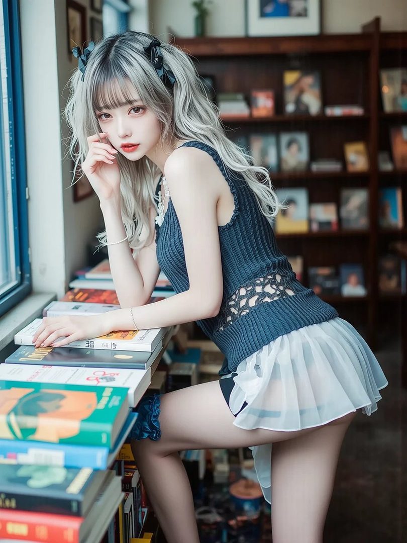 A young woman with long, wavy silver hair styled in pigtails with black bows, wearing a dark blue knit top and a short white skirt, poses by a window with stacks of books.