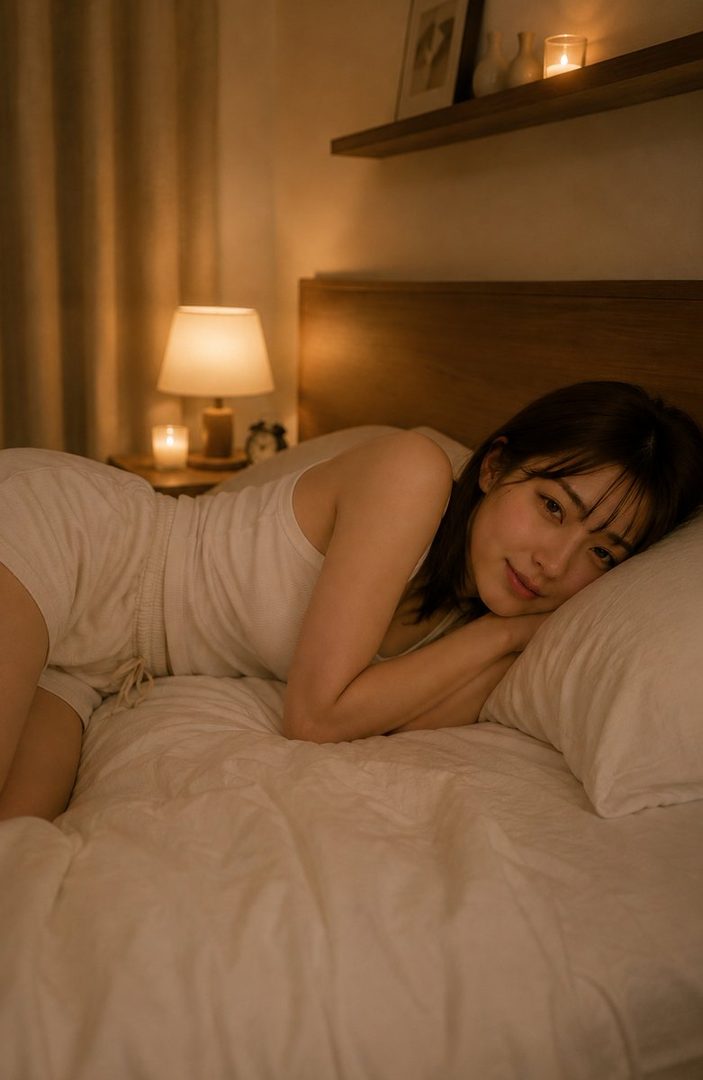 A young woman with dark hair lies on a bed in pajamas, resting her head on a pillow, with a warm lamp and candle creating a cozy atmosphere.