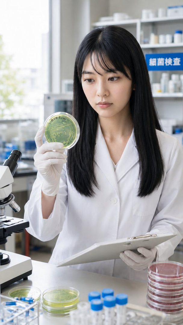 A focused young woman in a white lab coat and gloves examines a petri dish in a brightly lit laboratory.
